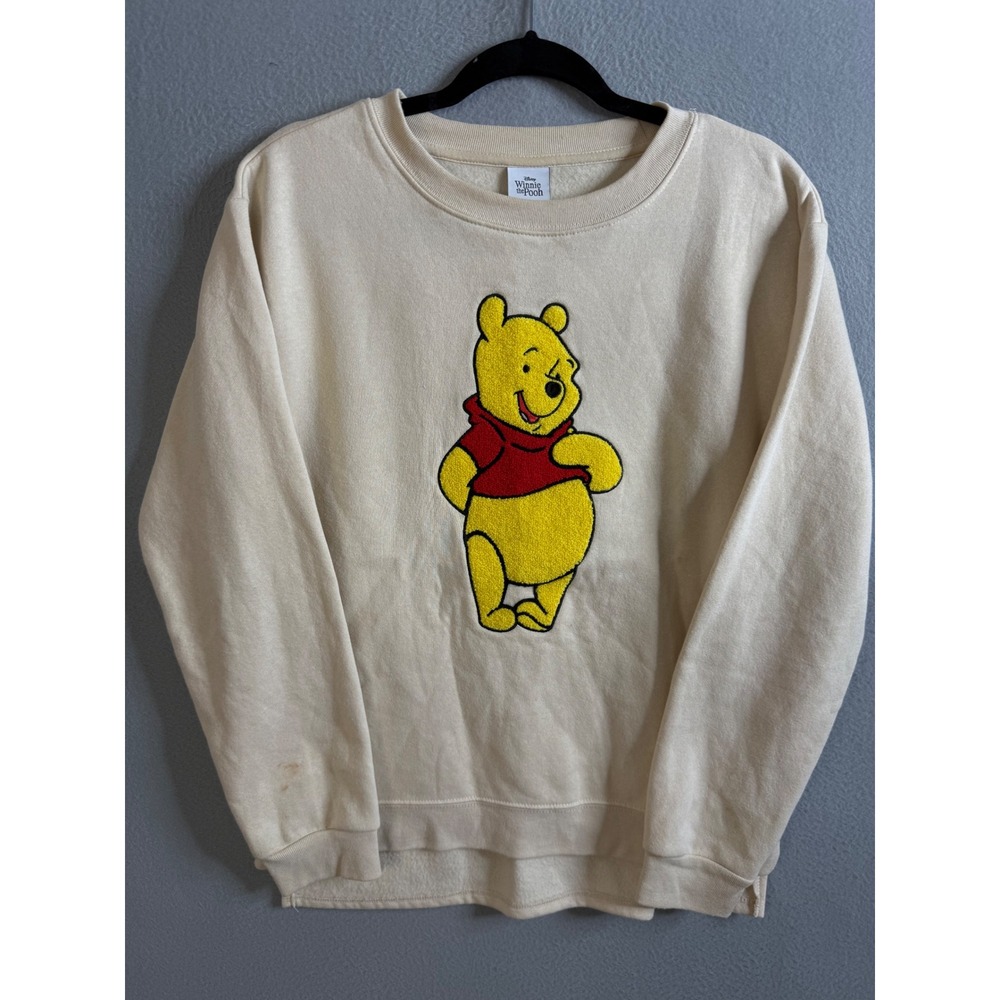 Disney Winnie the Pooh Sweatshirt Women's Medium Ivory Embroidered Crewneck